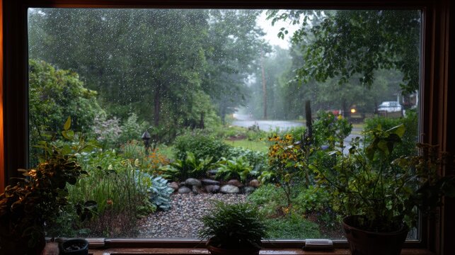Moody morning mist drapes rain garden view through wide sill, winding path leads toward distant treeline, dew on foliage and birdbath, scene invites photographer pause and reflective walk