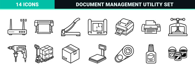 Fototapeta premium Professional Office Hardware and Document Management Monoline Symbols Featuring Printers Copiers and Stationery Items in Technical Line Art Style