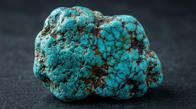 Pierre de turquoise brute avec veines de matrice brune et noire traversant le min&eacute;ral bleu-vert vif, surface non polie sur fond sombre