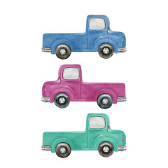 Naklejka premium Watercolor colorful car print on white background. Hand drawn illustration