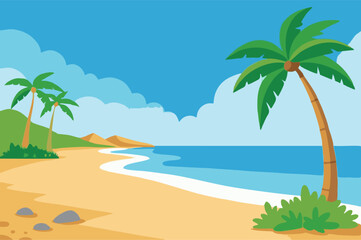 Obraz premium Tropical beach landscape with palm trees and blue ocean vector. Summer vacation background with sand, sea, and sunny sky.