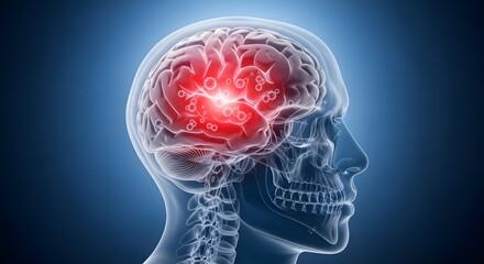 Obraz premium 3D medical illustration of human head with glowing red brain area, symbolizing pain, disease, or neural activity