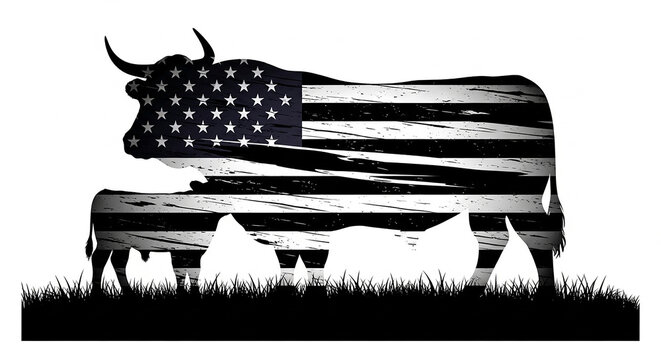 American cow in a field with a usa flag pattern