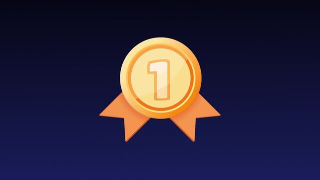 Vector gold medal flying out and spinning on a blue background. 3D-style flat design animation of a winner's award for sports competitions, business achievements, and gaming achievements