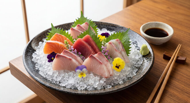 Arrangement de sashimi sur lit de glace pil&eacute;e avec saumon, thon et poissons assortis, pr&eacute;sentation japonaise traditionnelle &eacute;pur&eacute;e