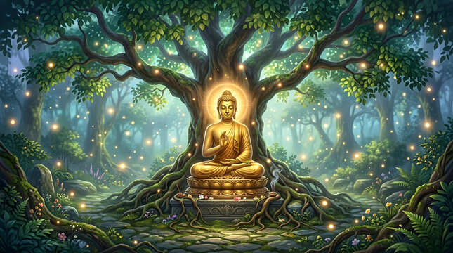 Buddha Purnima radiant enlightenment scene with golden Buddha meditating beneath sacred bodhi tree glowing spiritual light symbol of wisdom peace and Mahavir jayanti