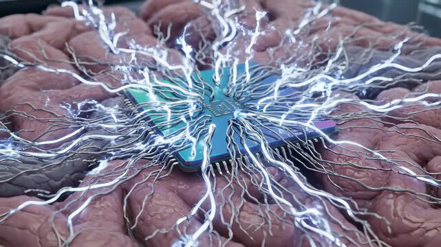 Artificial intelligence cyber brain neural network computer chip electricity human organ digital circuit sci fi technology innovation cyberpunk microchip brain interface futuristic processor neural