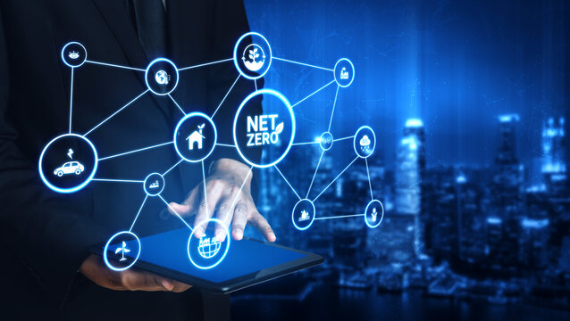 Net zero and sustainability concepts with environmental balance, digital sustainability icons, green energy goals, and eco-conscious digital business transformation for the future. Entice