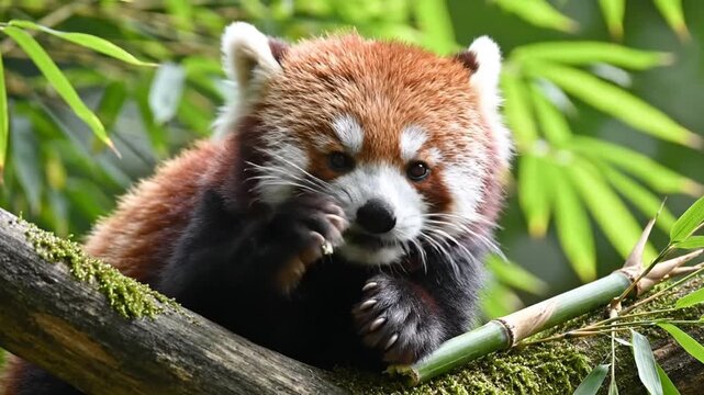 Red Panda Eating Bamboo on a Tree Branch.