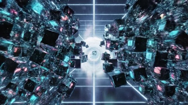 Abstract futuristic digital cubes floating in cyberspace.