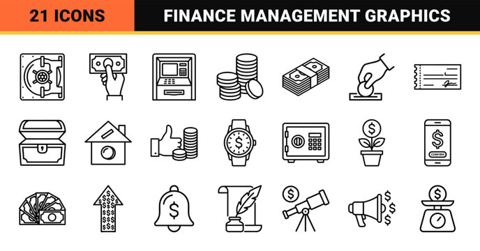 Monoline Financial Services and Banking Currency Symbols. Minimalist Outline Style for FinTech Apps, Business Accounting, and Personal Finance.