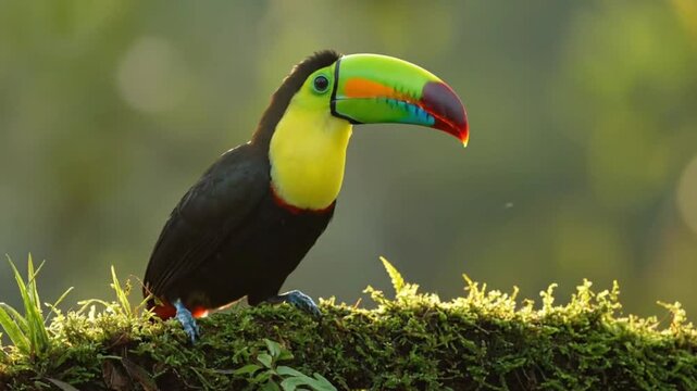 A colorful toucan perched on a mossy branch in vibrant nature.