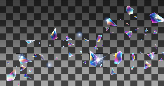 Abstract holographic iridescent prism shards and crystal fragments floating in a wavy horizontal line on transparent background, rainbow lens flare and sparkling light effects