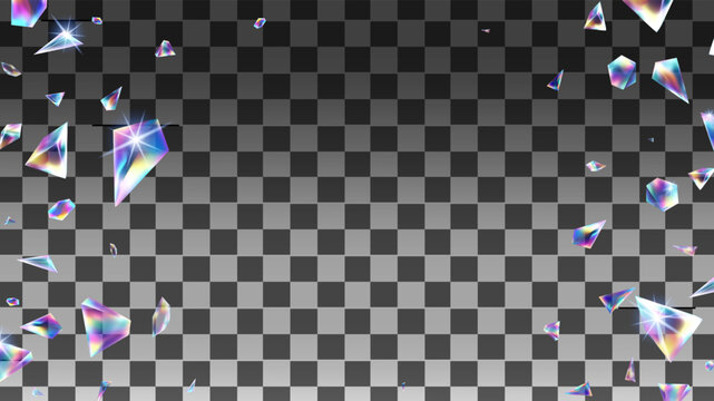 Abstract holographic iridescent prism shards and crystal fragments scattering on the left and right sides of a transparent background, rainbow lens flare sparkling light effects