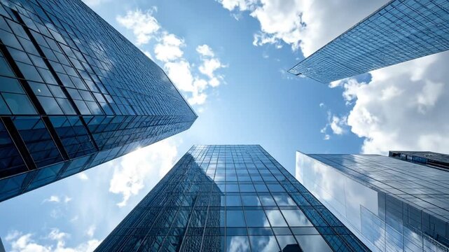 Modern skyscrapers reaching towards a clear blue sky with clouds.