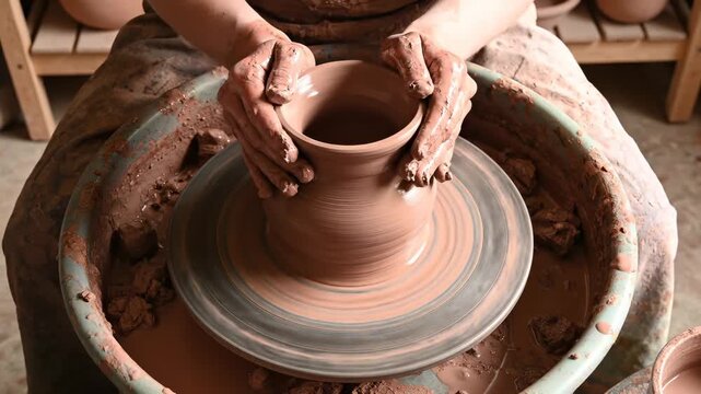 Pottery clay wheel hands artisan craft ceramic mud spinning workshop handmade creation shaping art hobby skill traditional process rustic creative studio showing focused female potter sculpt texture