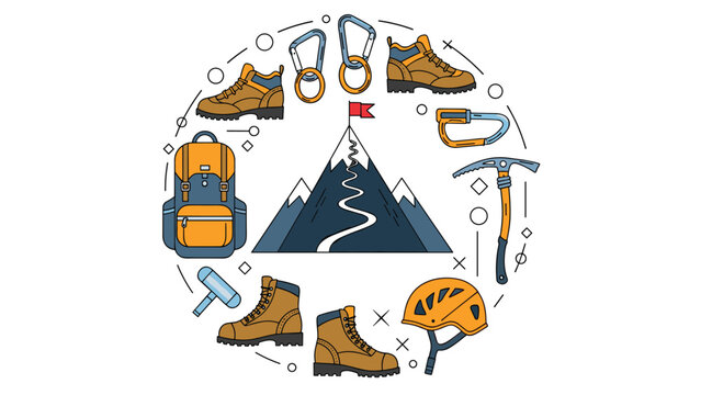 Circular arrangement of mountain climbing and hiking equipment featuring boots, carabiners, an ice axe, helmet, backpack, and a path to the summit.