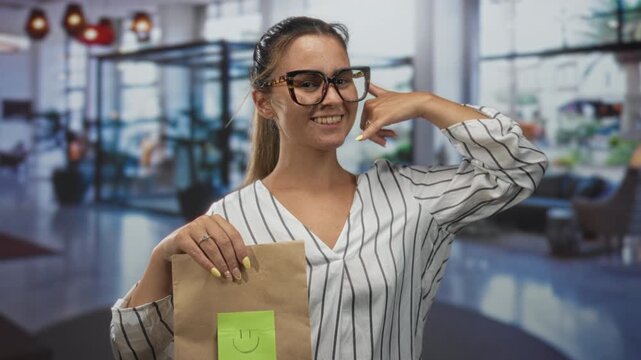 Woman holding brown paper bag with green sticky note smile and hand to ear for call gesture in hotel lobby; cheerful mood.