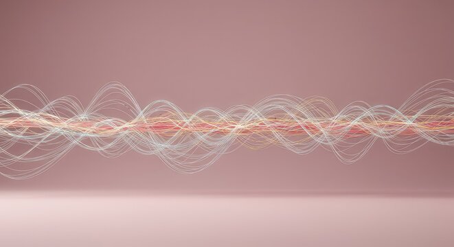 Dynamic visualization of complex energy waves interacting and amplifying within a pristine, empty three-dimensional space, showing vibrational harmony, technology, dynamic, clean