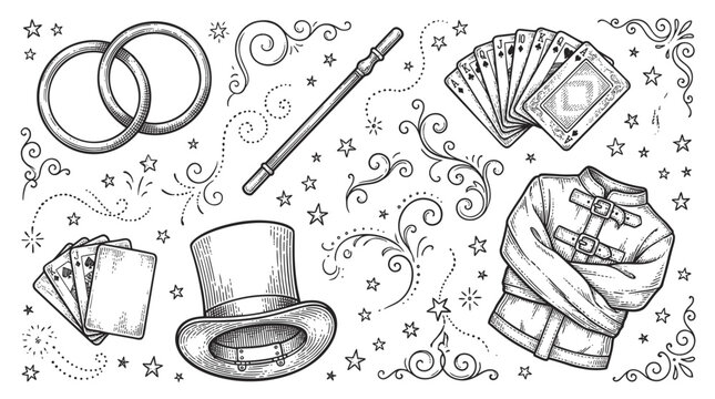 Vintage Magic Tricks and Magician Equipment Vector Set Featuring Top Hat, Wand, Playing Cards and Straitjacket in Engraving Style