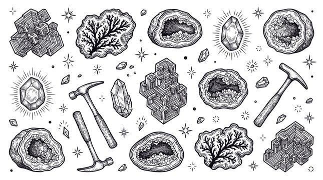 Hand Drawn Vector Illustration Set of Minerals, Crystals, Geodes and Geologist Hammers in Vintage Engraving Style