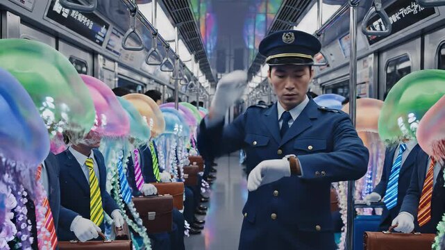 Surreal jellyfish subway train commuter fantasy urban scene with neon glowing underwater jellyfish passenger and uniform officer conductor walking aisle through colorful commuter crowd