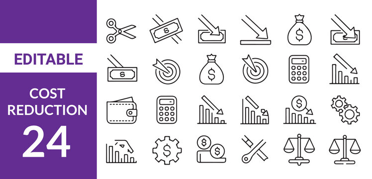 Cost Reduction,Loan set of web icons in line style. Loan and Credit linear icon collection. Containing loan, money, 