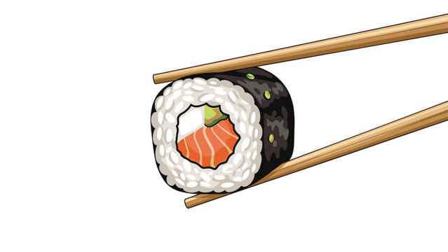 Single pieces of fresh salmon sushi roll with avocado are held by wooden chopsticks over a clean white background for a restaurant menu design.