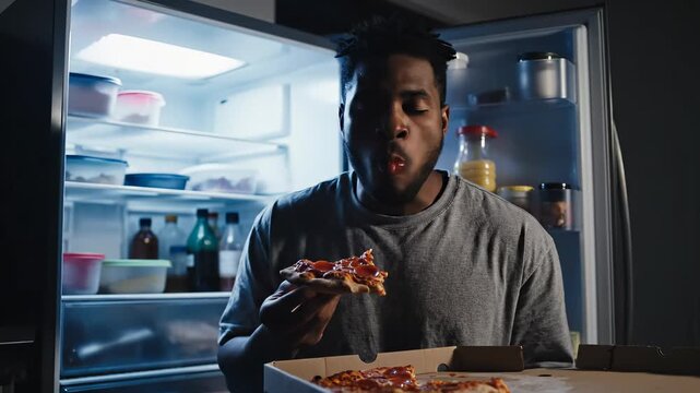 Hungry man eating pizza midnight snack in night kitchen with open fridge refrigerator light casual home interior moody late night comfort food leftover food relaxed scene