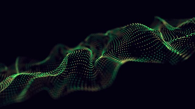 Waves transmit silent codes through a luminous matrix. Particles pulse with digital motion. 3D rendering. Seamless loop.