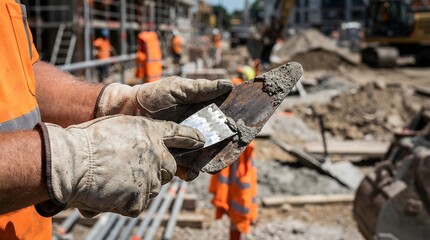 Fototapeta premium Experienced construction worker's gloved hands meticulously inspect a fresh batch of mortar on a bustling building site, ensuring high-quality material for critical infrastructure development