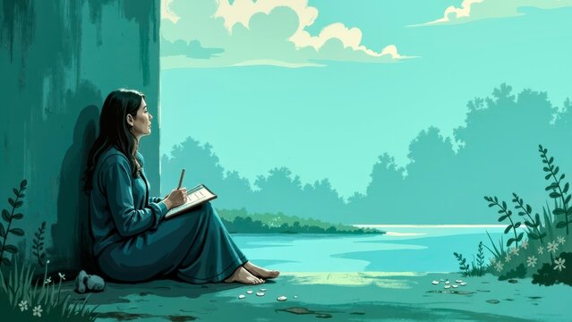 The girl sat by the forest by the water, lost in thought