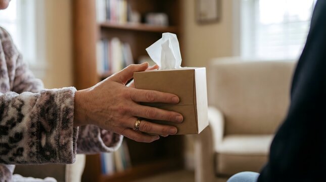 Offering comfort and support a person extends a tissue box to another, symbolizing care and empathy