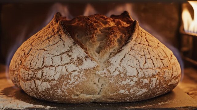 Artisan bread rustic loaf sourdough crust bakery oven fresh baked golden brown texture comfort food fire flame hot baking fresh homemade bread baked crust detail stone oven with dramatic flame