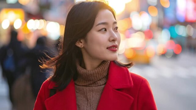 A woman in a red coat smiles against a vibrant, blurred city backdrop.