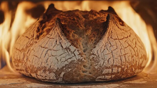 Artisan bread sourdough crust flame bakery rustic loaf oven heat fire glow homemade baking wheat flour crack texture blister golden comfort delicious food surround round bread crust crack