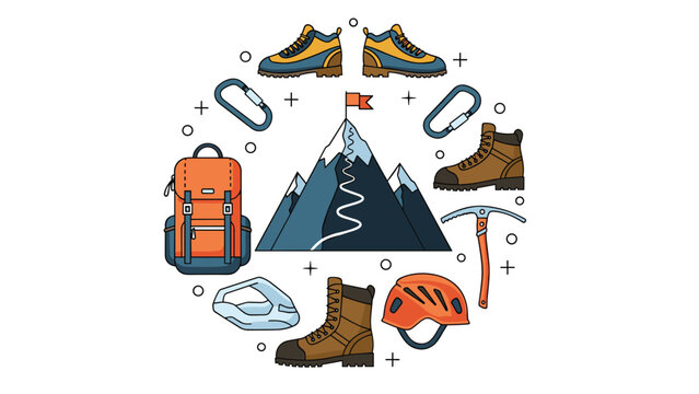 Circular composition of mountaineering icons including boots, helmet, backpack, and ice axe around a central mountain peak with a winding path.