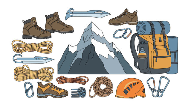 Detailed collection of mountaineering gear including boots, ropes, ice axes, backpack, and helmet arranged around a high snowy mountain peak.
