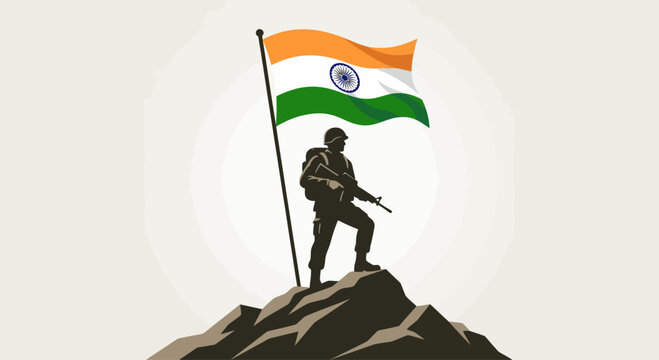 Soldier standing on mountain peak proudly holding Indian flag high