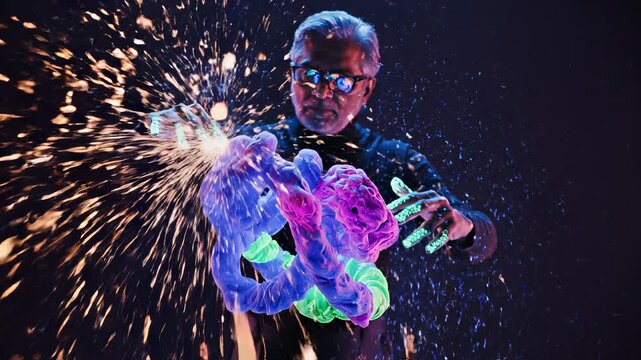 Futuristic scientist senior male adult researcher engineer technician inventor wearing glasses neon cyberpunk lab with colorful sparks virtual organism glowing biotech innovation abstract magic power