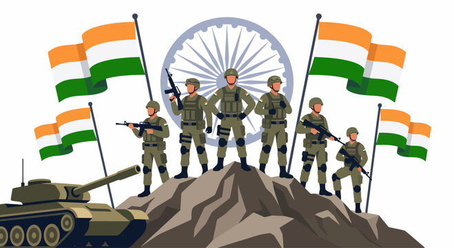 Soldiers standing on a mountain with Indian flags and a tank