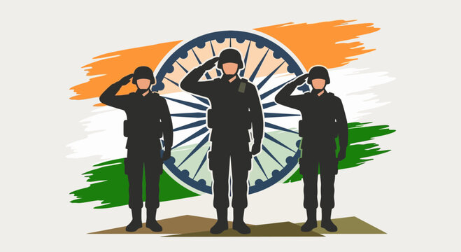 Soldiers saluting in front of Indian flag with Ashoka Chakra emblem