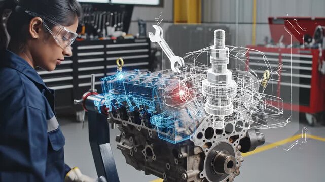 Female engineer safety glass hologram engine wrench blueprint mixed reality mechanic workshop technology augmented reality car repair digital interface torque industrial engineering design analysis