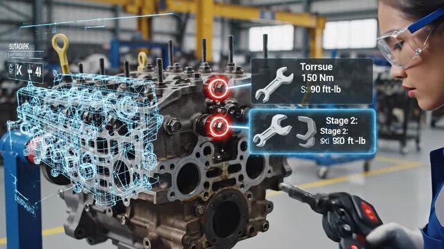 Engine mechanic hologram augmented reality torque wrench specification industrial technology precision female engineer industrial workshop safety glasses examining engine with hologram overlay smart