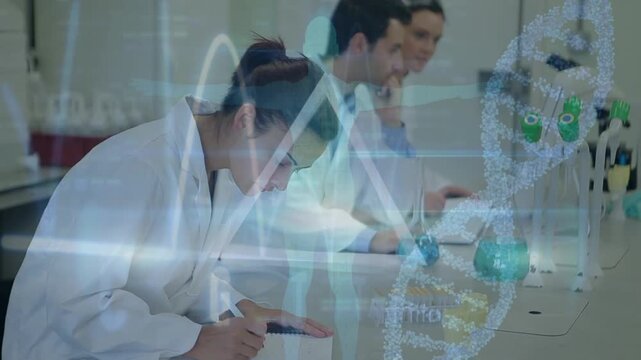 Animation of dna strand and data processing over diverse scientists in laboratory