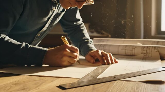 Architect draws building plan on large paper at desk. Engineer works on blueprint design with metal ruler. Man drawing construction project. Architect hands sketching layout. Design plan work.