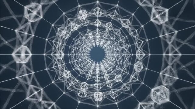 Abstract geometry tunnel sacred geometry wireframe structure digital pattern seamless loop futuristic background mystical art glowing line hypnotic motion sci fi design fractal kaleidoscope shape