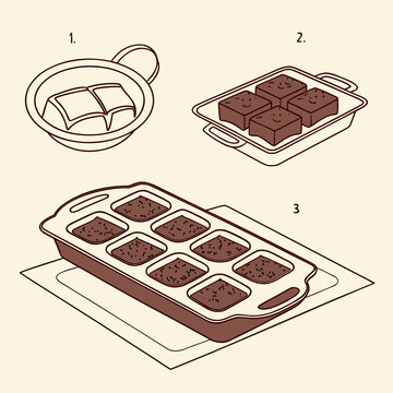 Cooking steps for brownies including bowl with batter and finished squares in tray plus rectangular muffin pan with chocolate cake mixture inside