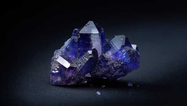 Cluster de cristaux de tanzanite bruts montrant le pl&eacute;ochro&iuml;sme violet-bleu profond, gemme brute non taill&eacute;e sur fond sombre, &eacute;clairage directionnel dramatique