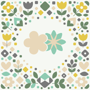 北欧風花と幾何学のナチュラルフレームパターン背景（ミント&times;アイボリー）：北欧風花と幾何学のナチュラルフレームパターン背景（ミント&times;アイボリー）。やさしい配色とシンプルな植物モチーフが調和した、爽やかで上品なデザイン。ファブリック、キッチンクロス、紙袋、パッケージ、カフェ雑貨、春夏向けデザインに最適。